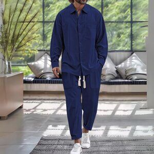 Navy Men's Button Down Long Sleeve Shirt & Pants Resort Outfit